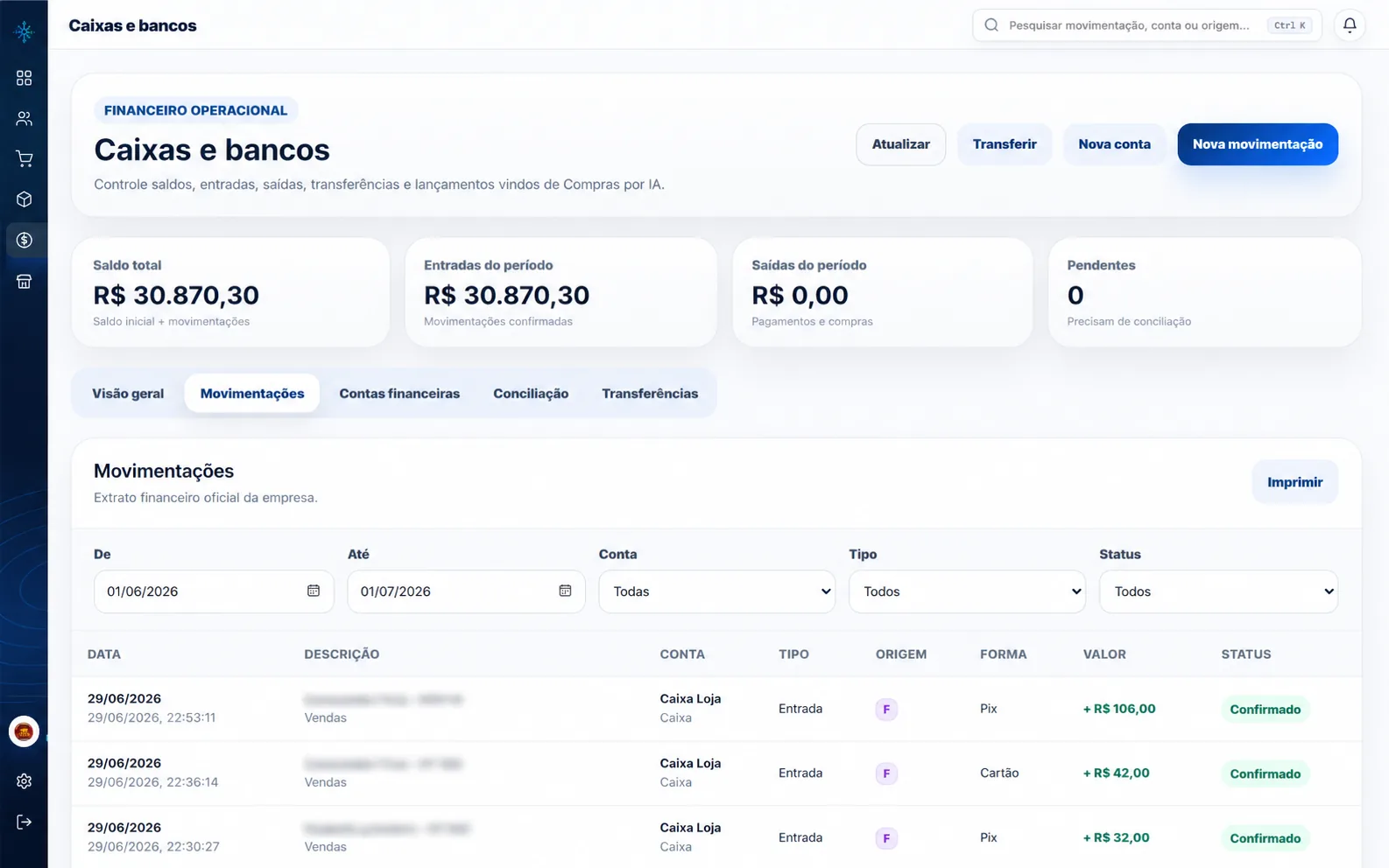 Tela de caixas e bancos com informações privadas borradas